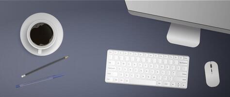 Flat lay of office workplace. Desktop top. Computer monitor, keyboard, computer mouse, cup of coffee, pen, pencil. Realistic illustration. vector