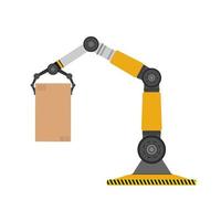 A mechanical robot holds a box. Industrial robotic arm lifts a load. Modern industrial technology. Appliances for manufacturing enterprises. Isolated. Vector. vector