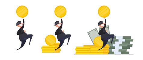 Set for posters and presentations. Two robbers steal gold coins. Two thieves are stealing money. Robbery and security concept. Isolated. Vector. vector