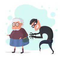 ladrón y anciana. el ladrón le robó un bolso a una anciana. el concepto de fraude, robo. ilustración vectorial plana de dibujos animados. vector