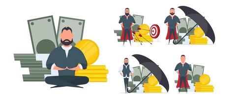 Set for posters and presentations. Businessman and a mountain of money. A man stands near gold coins and large dollar bills. A bundle of money. Vector. vector