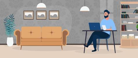 A guy with glasses sits at a table in his office. A man works on a laptop. Office, sofa, bookshelf, business man, floor lamp. Office work concept. Vector.
