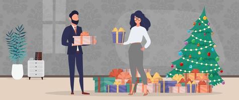 la chica y el chico tienen regalos en sus manos. mujer y hombre con regalos en sus manos. concepto de vacaciones. vector. vector