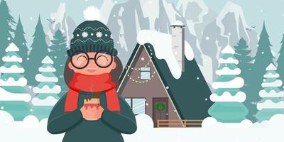 The girl is drinking a hot drink in the yard. House in a snowy forest. Vector. vector