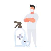 A medic in a white suit. Doctor in a medical mask. Drop with sword and shield. Sanitizer in a flat style. vector