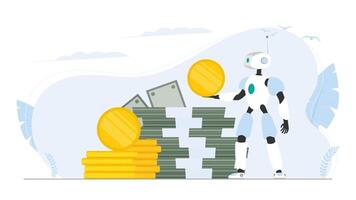 The robot is holding money. Robot assistant with a gold coin in his hands. A mountain of money. Dollars, bundles of money, gold coins. Vector. vector