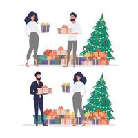 A guy and a girl give each other gifts for the new year. Christmas tree, gifts, family. Holiday concept. Vector. vector