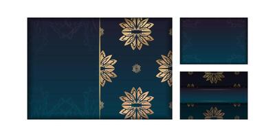 Brochure template with gradient blue color with mandala gold pattern for your brand. vector