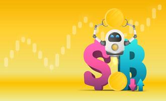 Flying robot holding a gold coin against the background of the dollar sign and bitcoin. Investment and capital increase concept. Banner with space for text. Vector. vector