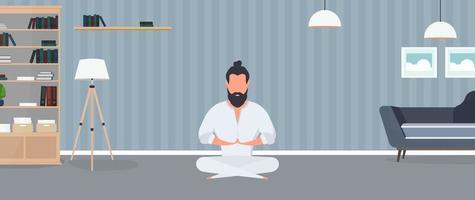 A man in a white kimono meditates. Kung Fu Master. The guy is doing yoga. Vector. vector