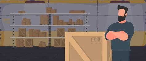 Large industrial warehouse with boxes. A man stands with a large wooden box. Large pallet. Delivery and transportation concept. . vector