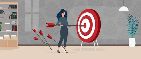 The girl is holding an arrow. The arrow hits the target. The concept of successful business, teamwork and achieving goals. Vector. vector