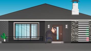 A thief sneaks into the house. The robber is trying to crack the door. Sign of robbery. Security concept. Vector