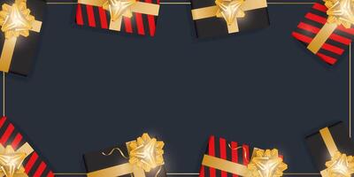 Black background with gifts and place for text. Realistic gift boxes with gold ribbons and bow. View from above. vector