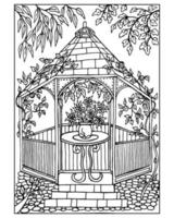 Sketch illustration, hand-drawn garden gazebo in wild roses and trees, table with flowers. Illustration for coloring books, for adults and children. Anti stress vector