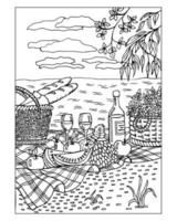 Black and white illustration, sketch, picnic in nature, fruits, wine, glasses and baskets on a checkered tablecloth. For anti stress coloring pages for adults and children. vector