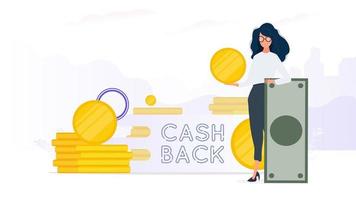 The girl is holding a dollar. Golden coins. Composition on the theme of money back and cashback. Vector. vector