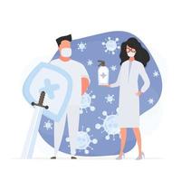 Man and Girl doctor. Medics in medical masks. Spray bottle. Sanitizer in a flat style. Vector. vector