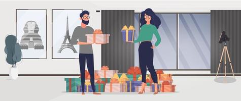 The girl and the guy are holding gifts in their hands. Woman and man with gifts in their hands. Holiday concept. Vector.