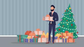 The guy is holding a gift in his hands. New Year tree, many gifts, man. New year concept. Vector. vector