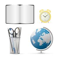 set on a school theme. The pen holder is round, metal. Scissors, ruler, pencils, pen, globe, vintage yellow alarm clock, open book top view. School accessories isolated on a white background. vector