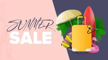 pancarta de venta de verano. tabla de surf roja, maleta amarilla para turismo, aletas, máscara de natación, gafas, palmeras, paraguas, anillos de goma para nadar. vector