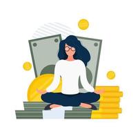 una niña en posición de loto sentada sobre una montaña de monedas de oro. dólares, monedas de oro. el concepto de riqueza, seguridad del dinero y capital. vector. vector
