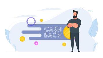 Confident Businessman. Cashback lettering isolated on white background. Golden coins. Composition on the subject of money back. . vector