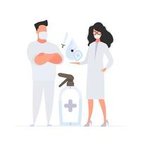 Man and Girl doctor. Medics in medical masks. Spray bottle. Sanitizer in a flat style. Vector. vector