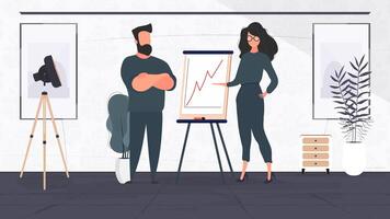 A girl shows a report to the boss. Presentation with positive dynamics. Board for paper. Infographics. Business growth. Vector. vector