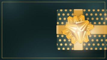 Background with realistic dark green gift box, gold ribbons, stars and bow. Background with space for text. View from above. illustration. vector