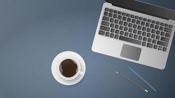 Flat lay of office workplace. Work table top view. Open laptop, cup of coffee, pen, pencil. Realistic vector illustration.