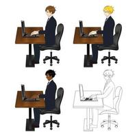 Set Handsome Business Man Sitting with Laptop. vector