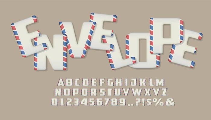 Envelope style font set, alphabet letters and numbers in flat style.