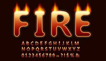 diseño de fuente estilo fuego, letras y números alfabéticos, vector eps10.