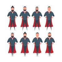 Bearded businessman with a red cloak in a cartoon style. A man superhero holds his hands on his belt. Isolated. Vector. vector