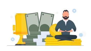 The man is meditating on the background of money. Business man doing yoga. Large stack of dollars and gold coins. . vector
