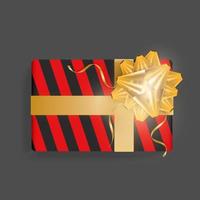 Black gift box with red stripes. Gold ribbon bow. Beautiful realistic gift box template for birthday, Christmas, new year design. Top view vector illustration