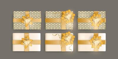 Set of Realistic green gift boxes with hearts pattern, gold ribbons and bow. Actual colors. View from above. Vector illustration.