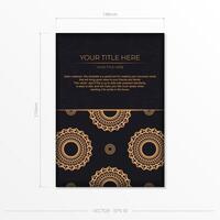 Dark black gold postcard template with white abstract mandala ornament. Elegant and classic vector elements ready for print and typography.