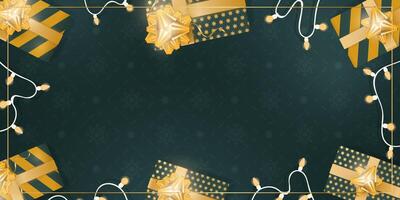 Green background with realistic gift boxes with gold ribbons and bows. Garlands with bulbs. View from above. Banner with space for text. Vector ippustration.