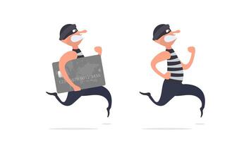 The robber runs away with a credit card. The criminal is running with a bank card. Cartoon style illustration. Good for security, robbery and fraud topics. Isolated. . vector
