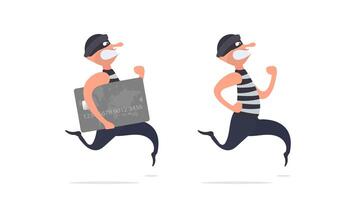 The robber runs away with a credit card. The criminal is running with a bank card. Cartoon style illustration. Good for security, robbery and fraud topics. Isolated. Vector. vector