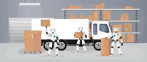 los robots trabajan en un almacén de fabricación. los robots transportan cajas y levantan la carga. concepto futurista de entrega, transporte y carga de mercancías. Gran almacén con cajas y pallets. vector. vector