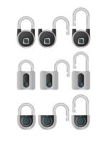 Set of padlocks with fingerprint scanner. A modern padlock is opened with a fingerprint. Isolated. Vector. vector