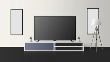 The TV is on the dresser. Turn off the TV, a long bedside table in the loft style, a bright room. Realistic Vector.