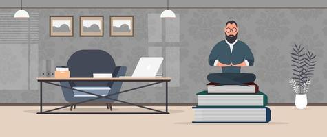 A man sits on a mountain of books. Learning and development concept. Vector. vector