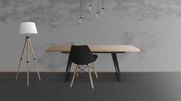 Wooden table with black metal base. Black armchair. Empty table, gray, concrete wall, floor lamp with wooden legs. vector