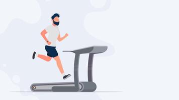 Sports banner with place for text. The guy on the treadmill. A man in shorts and a T-shirt runs on a simulator. Vector. vector