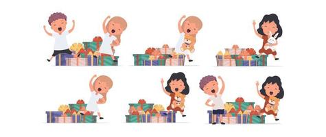 Happy child with gifts. Good for design on the theme of holidays, new year or birthdays. Isolated. Vector.